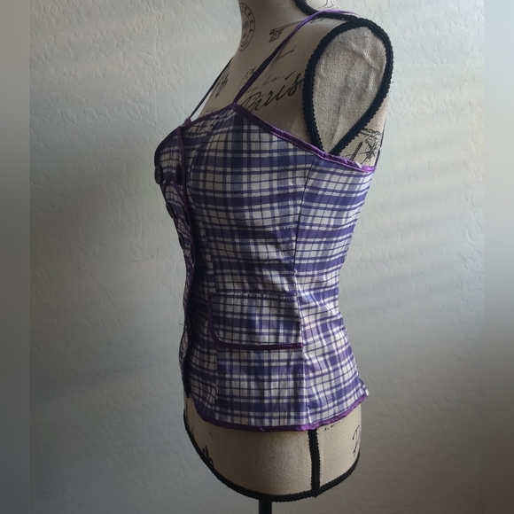 🆕 Katia purple checkered plaid academia cotton blend spaghetti strap top_M,L - Picture 3 of 15